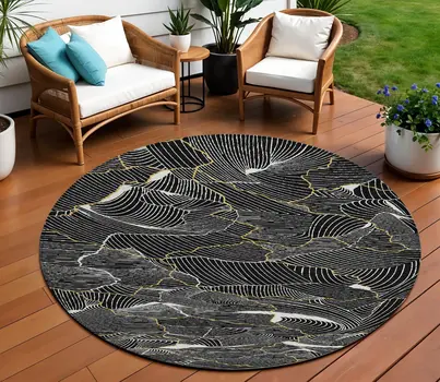 8' Black Ivory And Gold Round Abstract Washable Indoor Outdoor Area Rug