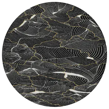 8' Black Ivory And Gold Round Abstract Washable Indoor Outdoor Area Rug