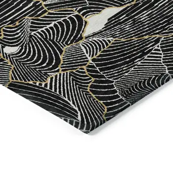 8' Black Ivory And Gold Round Abstract Washable Indoor Outdoor Area Rug