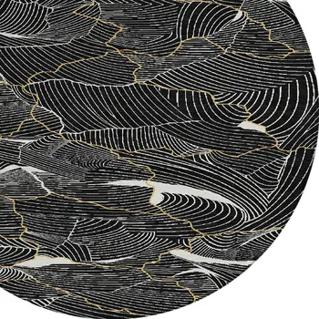 8' Black Ivory And Gold Round Abstract Washable Indoor Outdoor Area Rug