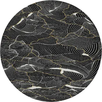 8' Black Ivory And Gold Round Abstract Washable Indoor Outdoor Area Rug