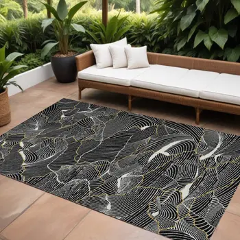 9' X 12' Black Ivory And Gold Abstract Washable Indoor Outdoor Area Rug