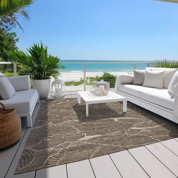 3' X 5' Brown And Ivory Abstract Washable Indoor Outdoor Area Rug