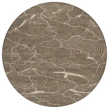 8' Brown And Ivory Round Abstract Washable Indoor Outdoor Area Rug