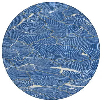 8' Blue Ivory And Gold Round Abstract Washable Indoor Outdoor Area Rug