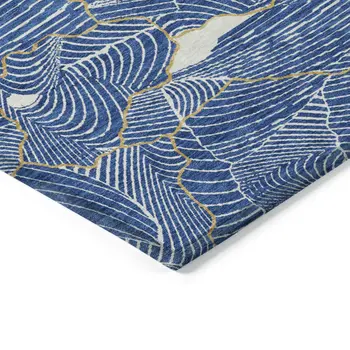 8' Blue Ivory And Gold Round Abstract Washable Indoor Outdoor Area Rug