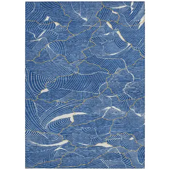 8' X 10' Blue Ivory And Gold Abstract Washable Indoor Outdoor Area Rug