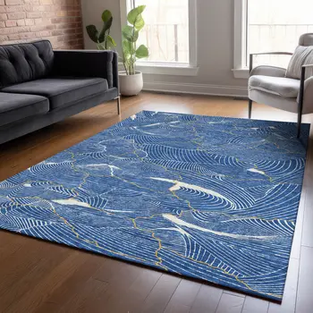 8' X 10' Blue Ivory And Gold Abstract Washable Indoor Outdoor Area Rug