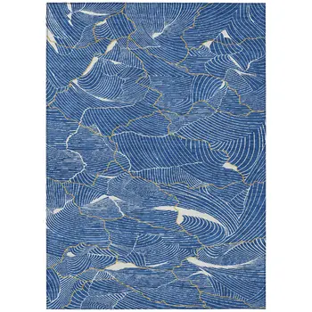 9' X 12' Blue Ivory And Gold Abstract Washable Indoor Outdoor Area Rug