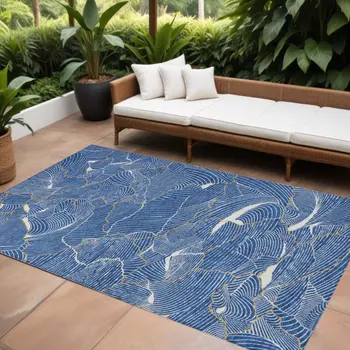 10' X 14' Blue Ivory And Gold Abstract Washable Indoor Outdoor Area Rug