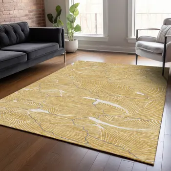 5' X 8' Gold Charcoal And Ivory Abstract Washable Indoor Outdoor Area Rug