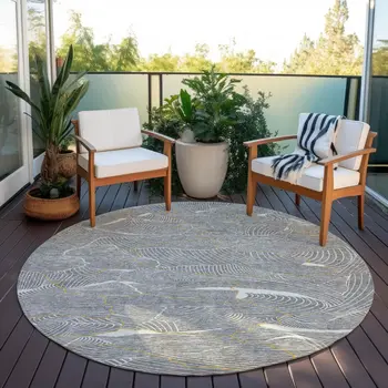 8' Gray Brown And Ivory Round Abstract Washable Indoor Outdoor Area Rug
