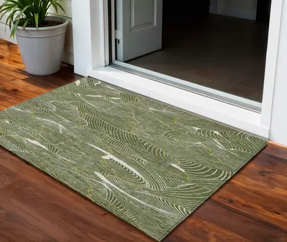 3' X 5' Olive Green Gold And Ivory Abstract Washable Indoor Outdoor Area Rug