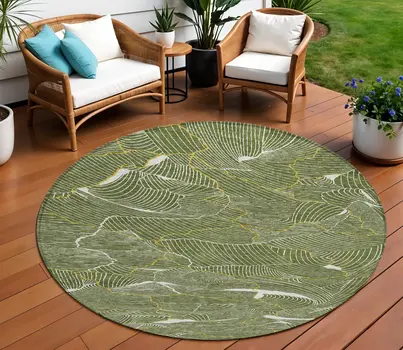 8' Olive Green Gold And Ivory Round Abstract Washable Indoor Outdoor Area Rug