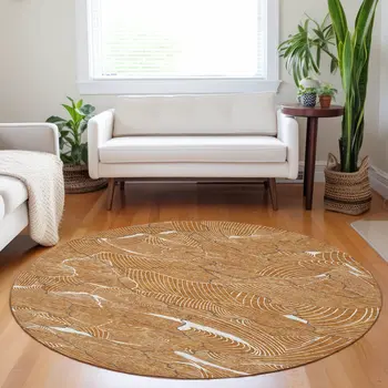 8' Copper Brown And Ivory Round Abstract Washable Indoor Outdoor Area Rug