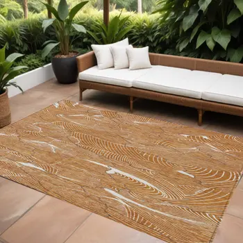 9' X 12' Copper Brown And Ivory Abstract Washable Indoor Outdoor Area Rug