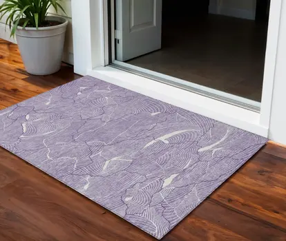 3' X 5' Purple And Ivory Abstract Washable Indoor Outdoor Area Rug