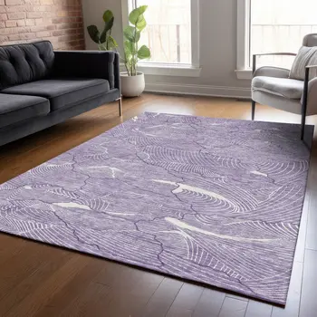 5' X 8' Purple And Ivory Abstract Washable Indoor Outdoor Area Rug