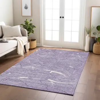 8' X 10' Purple And Ivory Abstract Washable Indoor Outdoor Area Rug
