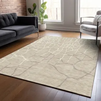 5' X 8' Beige And Tan Abstract Washable Indoor Outdoor Area Rug