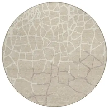 8' Beige And Tan Round Abstract Washable Indoor Outdoor Area Rug