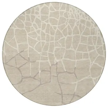 8' Beige And Tan Round Abstract Washable Indoor Outdoor Area Rug