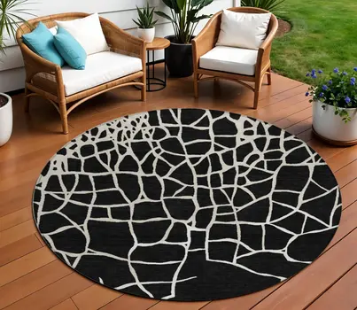 8' Black And Beige Round Abstract Washable Indoor Outdoor Area Rug