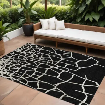 9' X 12' Black And Beige Abstract Washable Indoor Outdoor Area Rug