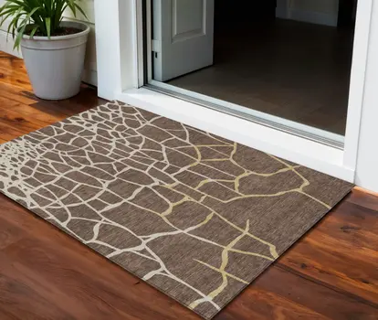 3' X 5' Brown And Tan Abstract Washable Indoor Outdoor Area Rug