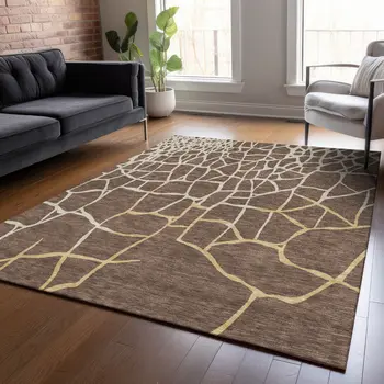 3' X 5' Brown And Tan Abstract Washable Indoor Outdoor Area Rug