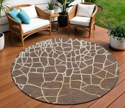 8' Brown And Tan Round Abstract Washable Indoor Outdoor Area Rug
