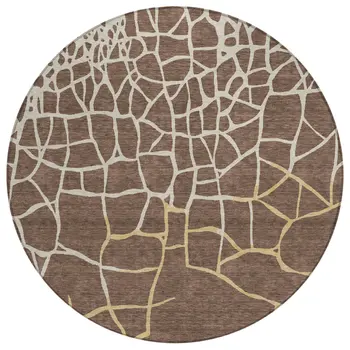 8' Brown And Tan Round Abstract Washable Indoor Outdoor Area Rug