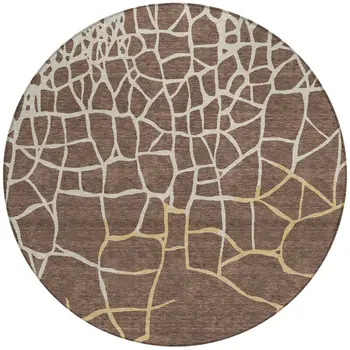 8' Brown And Tan Round Abstract Washable Indoor Outdoor Area Rug