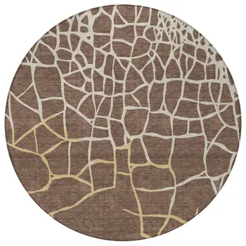 8' Brown And Tan Round Abstract Washable Indoor Outdoor Area Rug