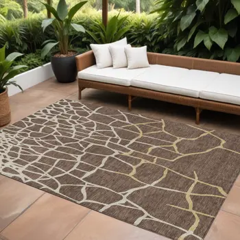 10' X 14' Brown And Tan Abstract Washable Indoor Outdoor Area Rug