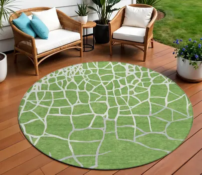 8' Green And Ivory Round Abstract Washable Indoor Outdoor Area Rug