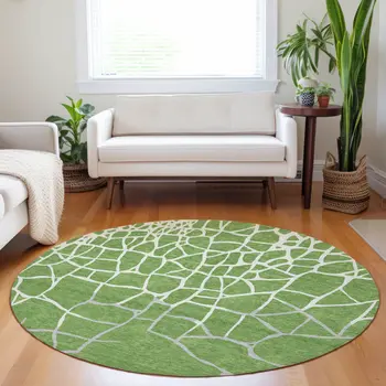 8' Green And Ivory Round Abstract Washable Indoor Outdoor Area Rug