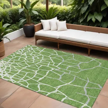 8' X 10' Green And Ivory Abstract Washable Indoor Outdoor Area Rug