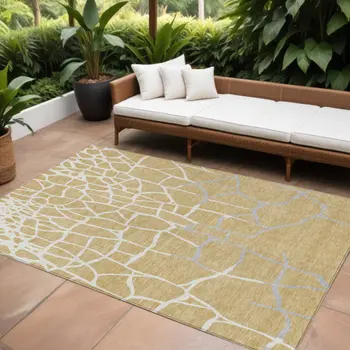 9' X 12' Gold And Beige Abstract Washable Indoor Outdoor Area Rug