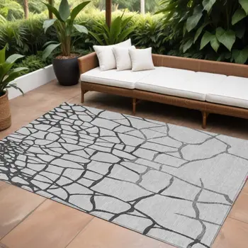 9' X 12' Gray And Charcoal Abstract Washable Indoor Outdoor Area Rug
