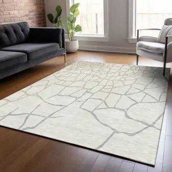 9' X 12' Ivory And Beige Abstract Washable Indoor Outdoor Area Rug