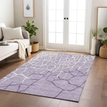 3' X 5' Lavender And Ivory Abstract Washable Indoor Outdoor Area Rug