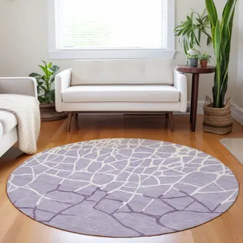 8' Lavender And Ivory Round Abstract Washable Indoor Outdoor Area Rug