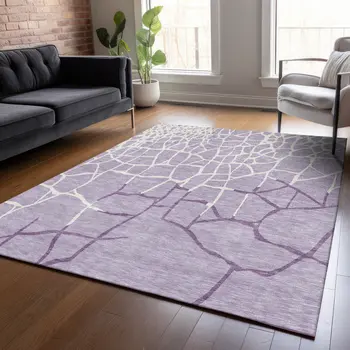 8' X 10' Lavender And Ivory Abstract Washable Indoor Outdoor Area Rug