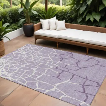 9' X 12' Lavender And Ivory Abstract Washable Indoor Outdoor Area Rug