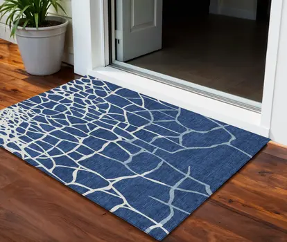 3' X 5' Navy Blue And Ivory Abstract Washable Indoor Outdoor Area Rug