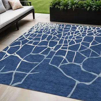 5' X 8' Navy Blue And Ivory Abstract Washable Indoor Outdoor Area Rug