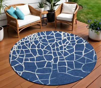 8' Navy Blue And Ivory Round Abstract Washable Indoor Outdoor Area Rug