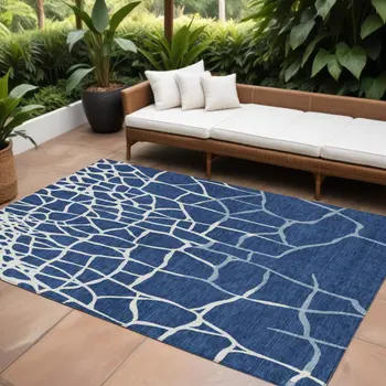 9' X 12' Navy Blue And Ivory Abstract Washable Indoor Outdoor Area Rug
