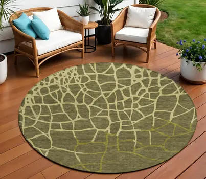 8' Olive Green And Dark Green Round Abstract Washable Indoor Outdoor Area Rug